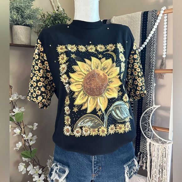 Vintage 80s KWBL Los Angeles Black Sunflower Embellished Short Sleeve T Shirt - Picture 2 of 12